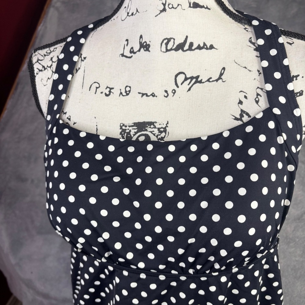 Lands End Tankini Top Womens 12 Black White Polka Dot Halter Built-in Bra Retro - Picture 4 of 14